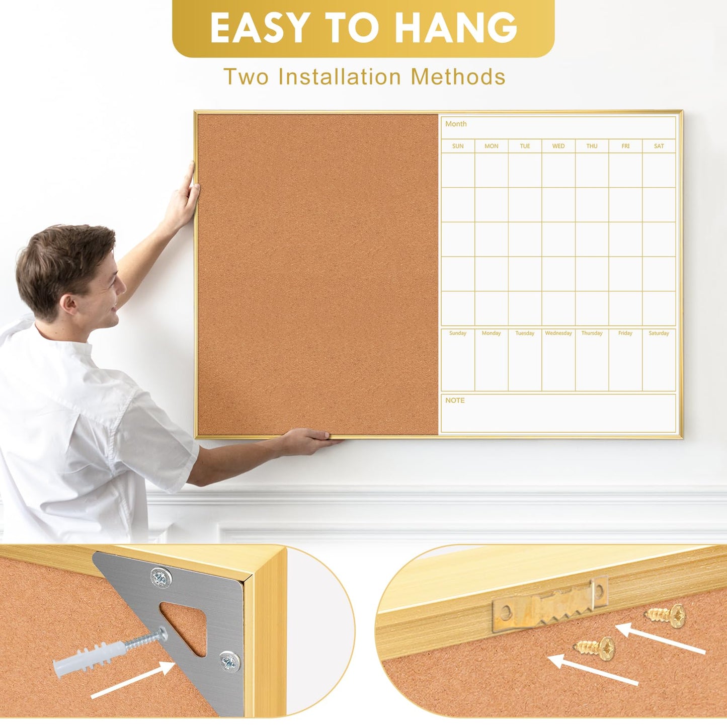 ARCOBIS Dry Erase Calendar with Cork Board, 36"x24" Magnetic White Board Calendar Dry Erase for Wall, Gold Frame Combination Board for Office, Home, School