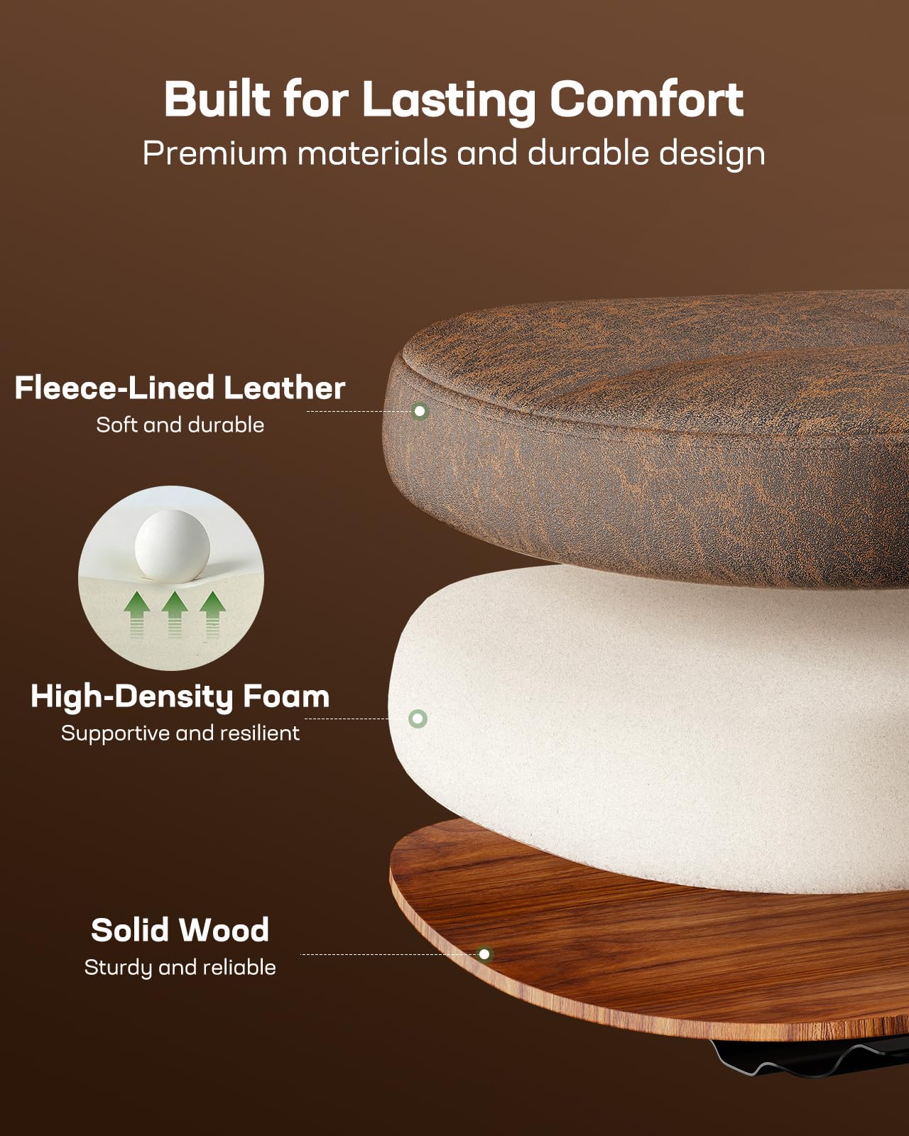 Marsail Drafting Chair with Flip-Up Armrests and Footrest, Ergonomic Tall Office Chair, Height Adjustable High Chair, Brown Leather Seat with Thick Cushion, 360° Swivel, for Standing Desk, Home Office