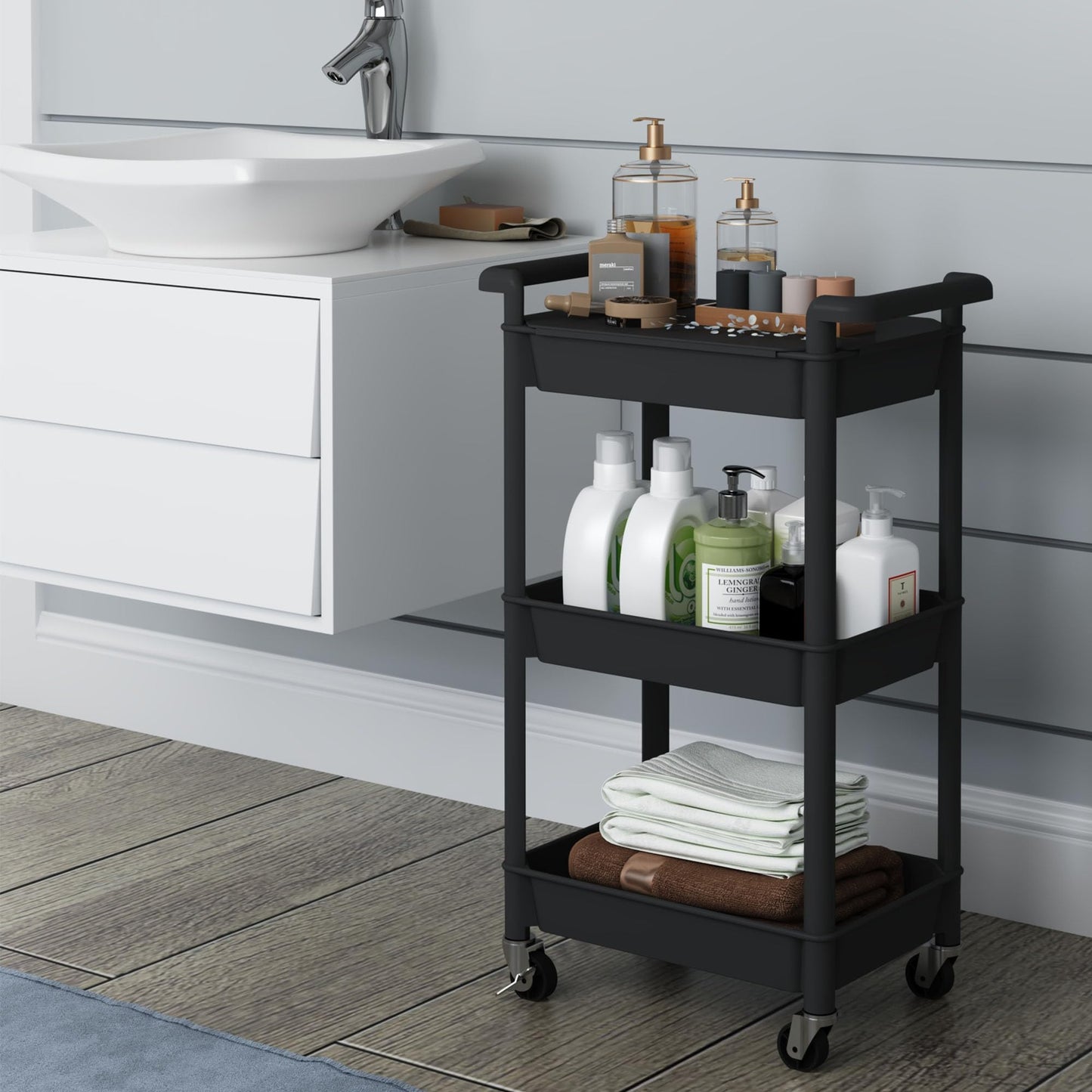 Steehoom 3-Tier Utility Rolling Cart with Cover Top Board, Mobile Utility Cart with Lockable Casters Multi-Functional Storage Trolley for Office, Bathroom, Kitchen, Garden, Laundry Room (Black)