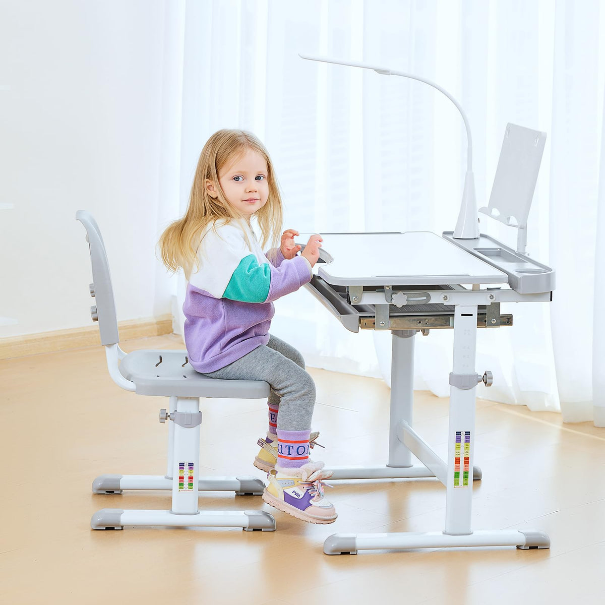 Diroan Kids Functional Desk and Chair Set, Ergonomic Height Adjustable Children School Study Desk with Tilt Desktop, Book Stand, LED Light, Metal Hook and Storage Drawer for Boys Girls(Grey)