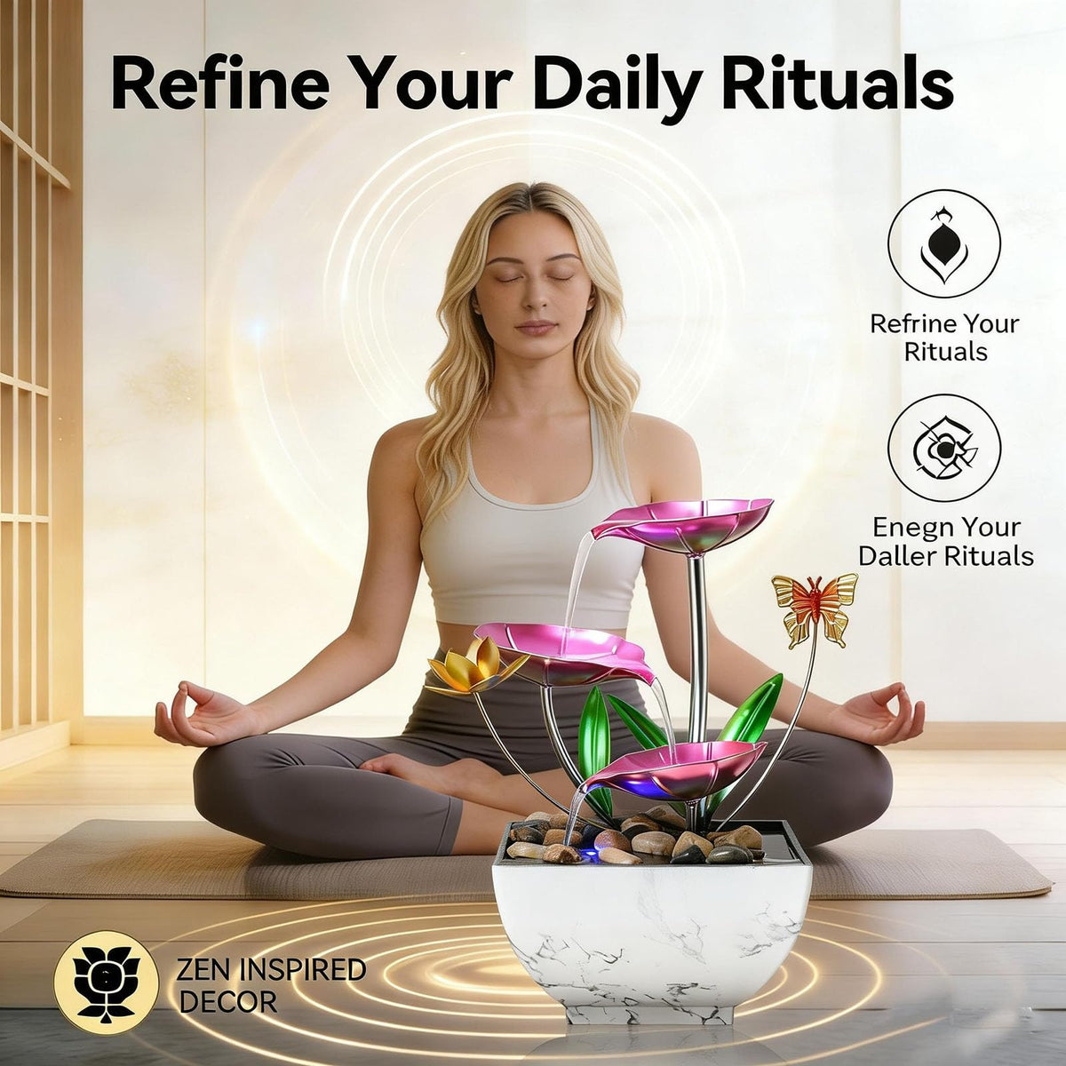 Qingyingge 11‘’ H Pink Tabletop Water Fountain, Zen Desktop Waterfall, Indoor Lotus Desktop Decorative Fountain, Home Bathroom Bedroom Decor.