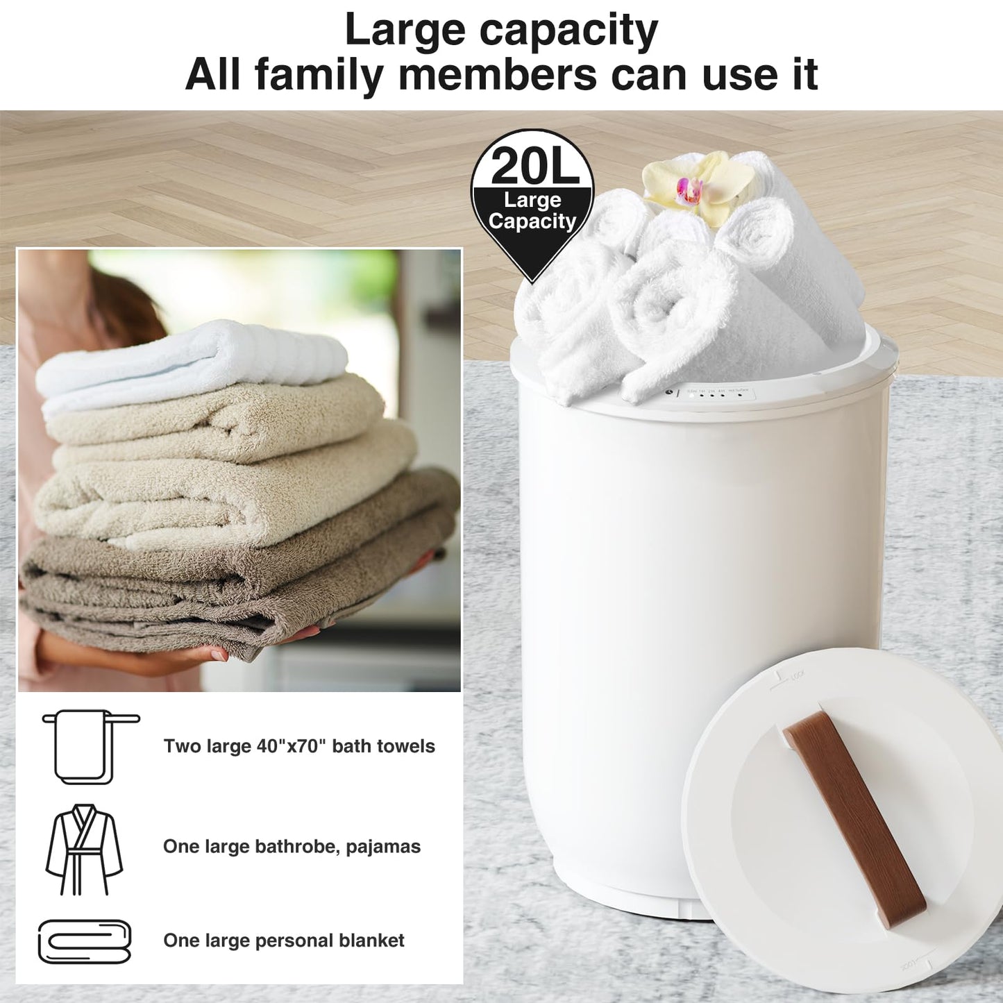 SAMEAT Heated Towel Warmers for Bathroom - Large Towel Warmer Bucket, Wood Handle, Auto Shut Off, Fits Up to Two 40"X70" Oversized Towels, White