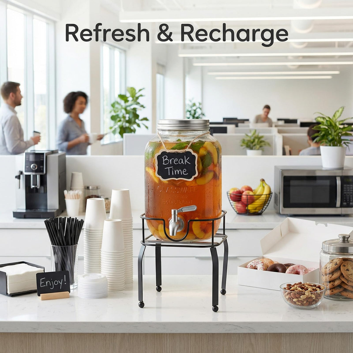 RuileMei 1 Gallon Glass Drink Dispensers For Parties,Beverage Dispenser with Stand,304 Stainless Steel Spigot Leakproof,Lemonade Dispenser for Sun Tea, Homemade Juice