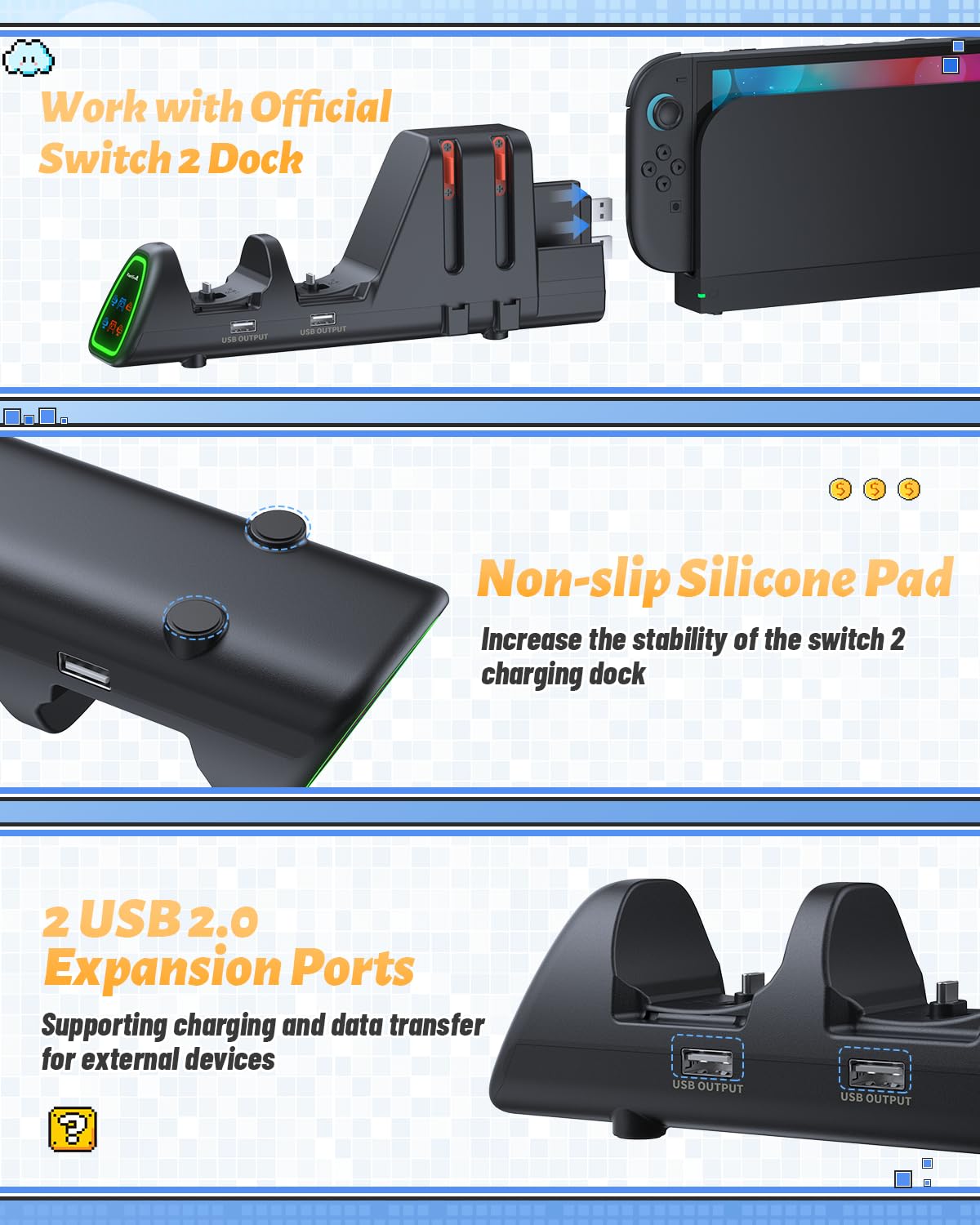 FASTSNAIL [Switch 1/2 Compatible] Controller Charging Dock for Nintendo Switch 2/1 for Joycon 2, 10 in 1 Fast Controller Charger Station Stand for Pro Controller 2/1 with 11 RGB Modes, LED Indicator
