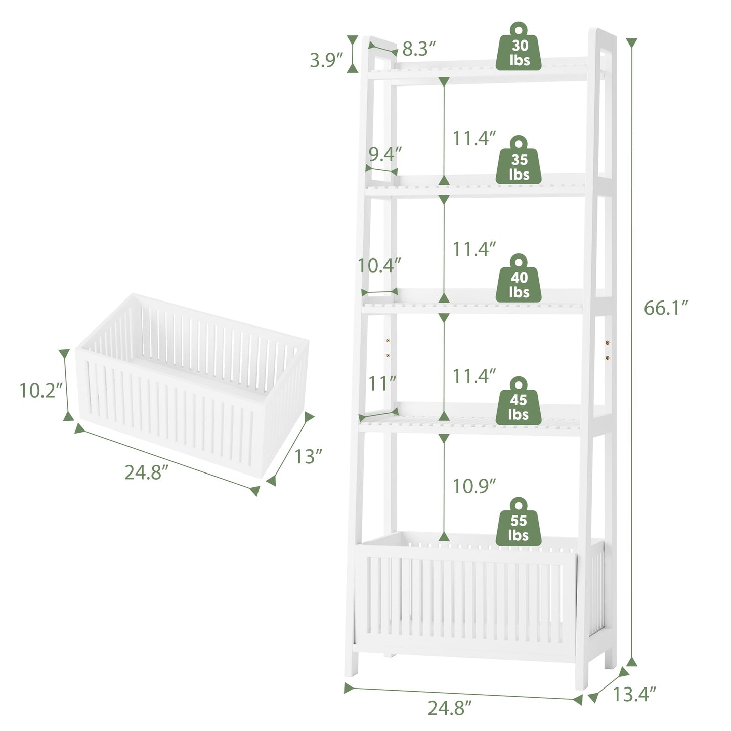 Bamjoy Bamboo White Bookshelf with Slatted Basket, Ladder Bookcase with 4 Display Shelves and 1 Open Storage Basket, Multifunctional Storage Rack Organizer for Home Office, Bedroom, Living Room, 66” H
