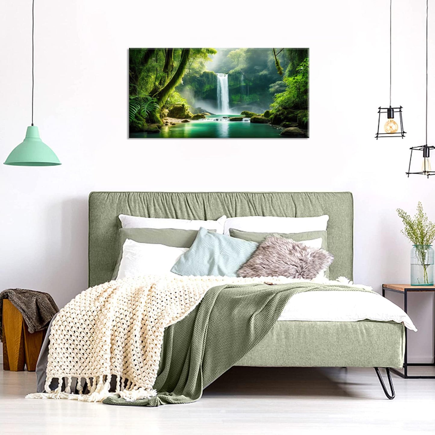 Lasdel Calm Waterfall Landscape Wall Art for Living Room Office Emerald Green Canvas Painting Prints Large Scenic Nature Artwork Dining Room Kitchen Bathroom Hallway Bedroom Decor (20x40 Inches)