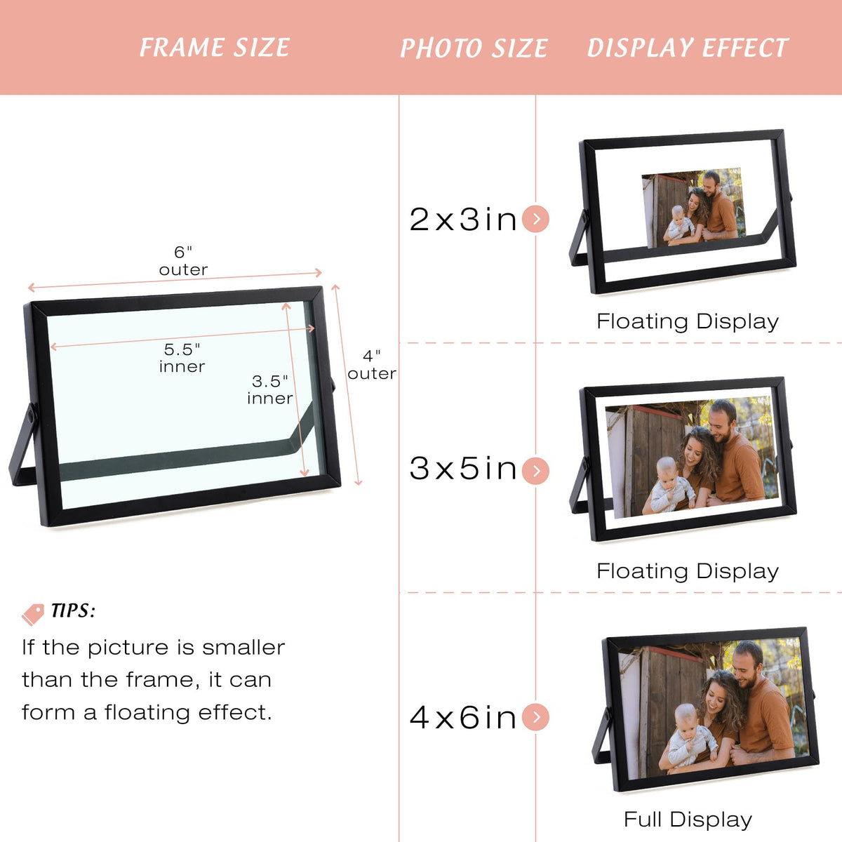 Golden State Art, 2 Pack, 4x6 Inch Metal Picture Frames, Floating Display for 3x5, 2x3 Photos, with Real Glass and Pull-Out Easel Stand for Tabletop Display (Horizontal) - Matte Black