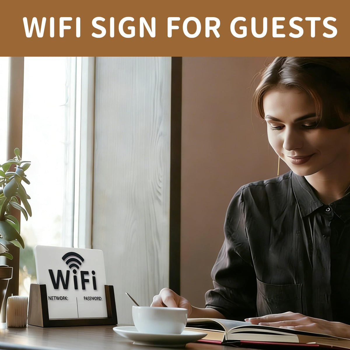 2 Pack Wifi Signs for Guests - Blue & Black Font Wifi Sign with Wooden Base - Custom Wifi Password Sign for Home, Office, Cafe, with 1 Sponge Erasable Marker Pen (6.4" x 4.8")
