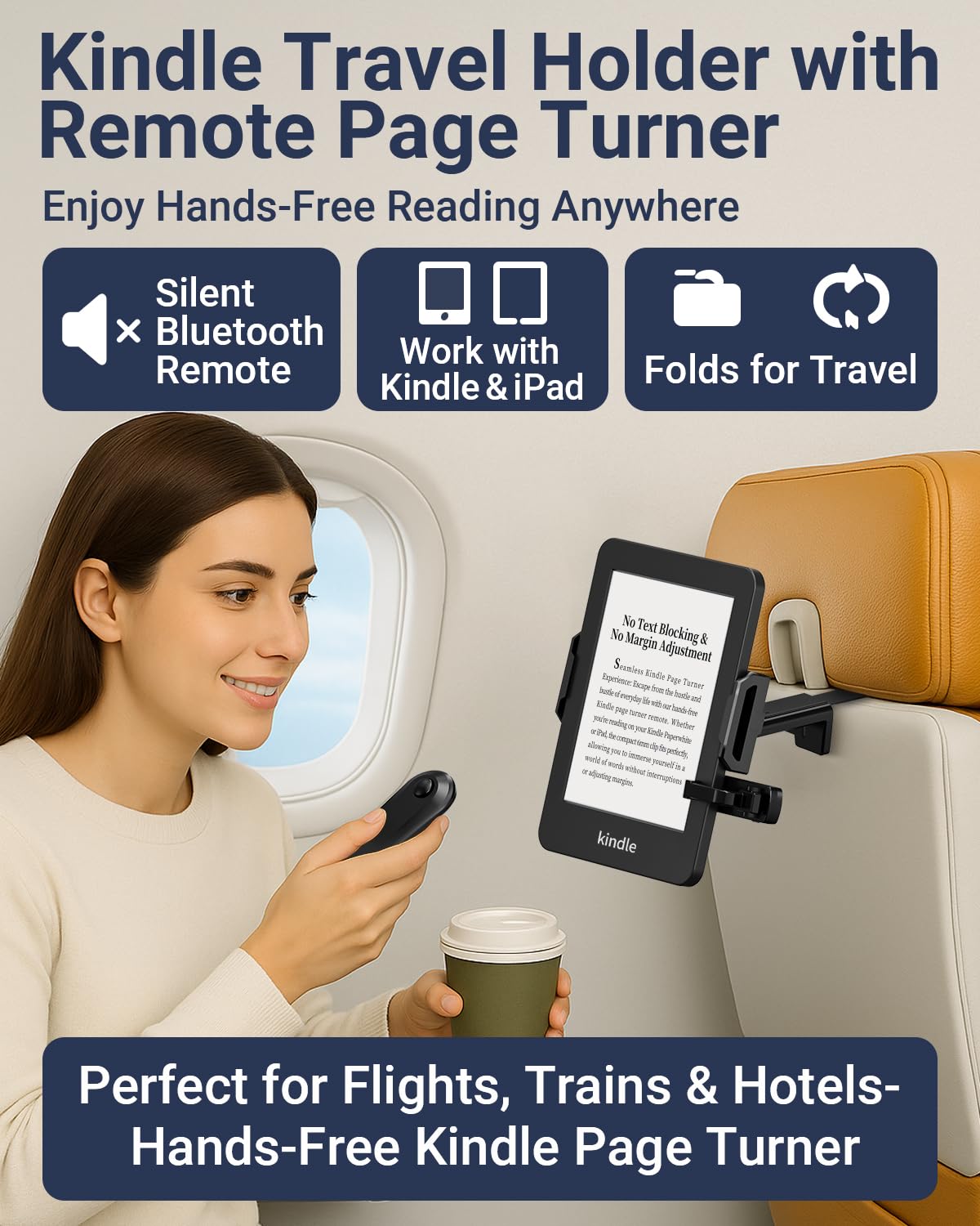 Kindle Travel Stand with Remote Page Turner – Foldable Kindle Holder and Clicker for Hands-Free Reading on Airplanes, Commutes & Camping