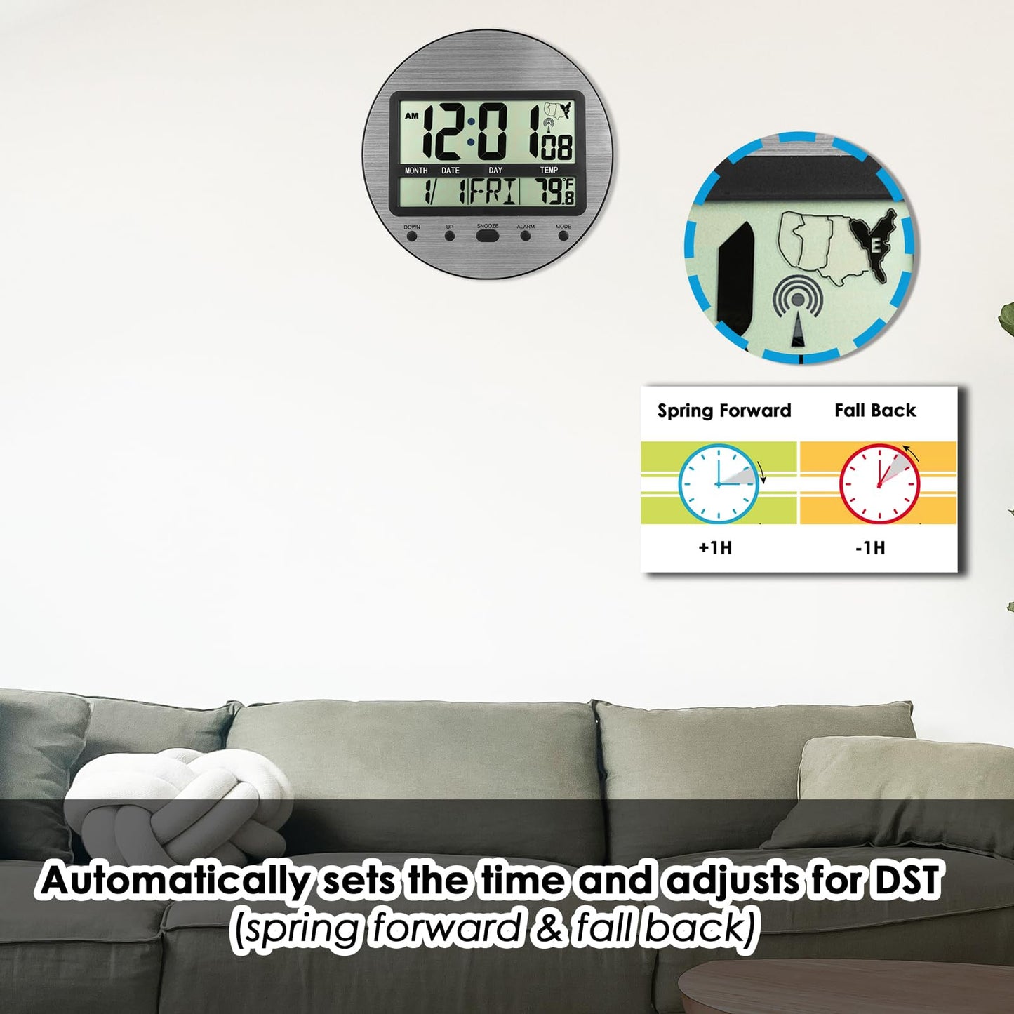 Atomic Digital Wall Clock Battery Operated, Self-Setting, Large Display with Temperature, Date, Day of The Week, Seconds, Round Wall Mount Digital Clock - 4 Time Zones, DST, Aluminum Metal Dial