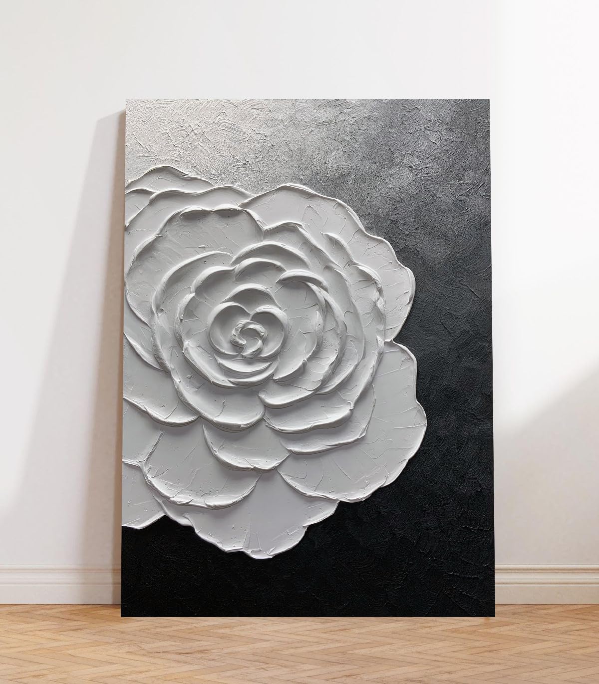 moshinart 24 x 36in Hand-Painted Oil Painting 3D Texture Black White Grey Modern Minimalist Black Abstract Wall Art, Home Office Wall Decoration Flower