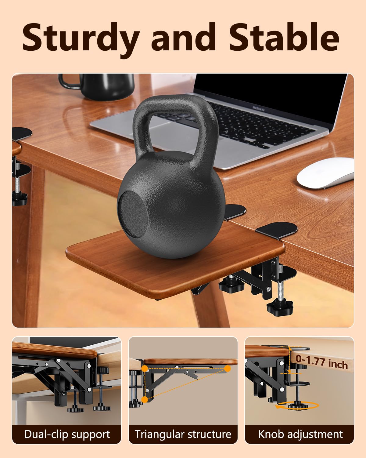 nediea Ergonomic Desk Extender Tray, 8.2"x7.6" Table Mount Arm Wrist Rest Shelf, 90° Foldable Elbow Support, Clamp on Computer Arm Rest for Desk, Office & Home Use, Wood
