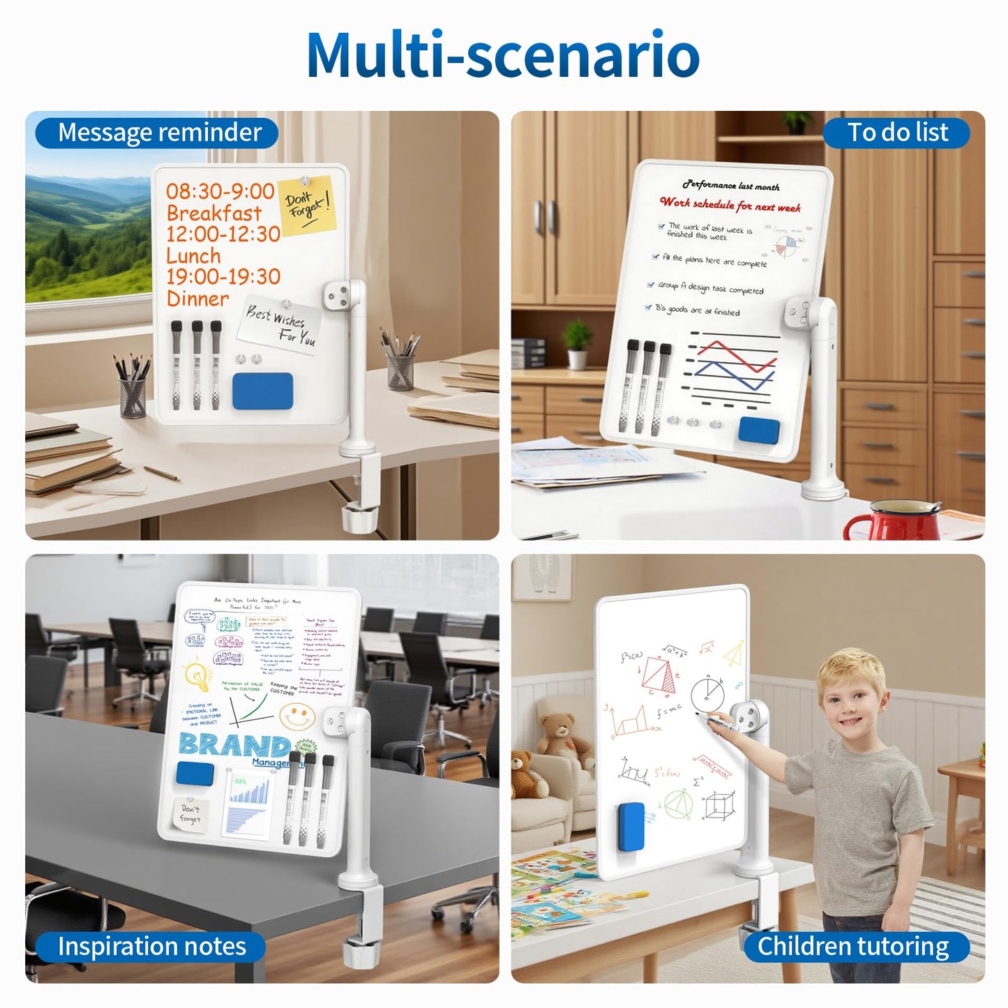Double-Sided Clamp-On Desk Whiteboard, 360° Swivel Desktop Dry Erase Board for Office & Home Study, Fits Desks Under 2.3" Thick, Space Saving Memo Board (16" x 12") with Markers(1pc)