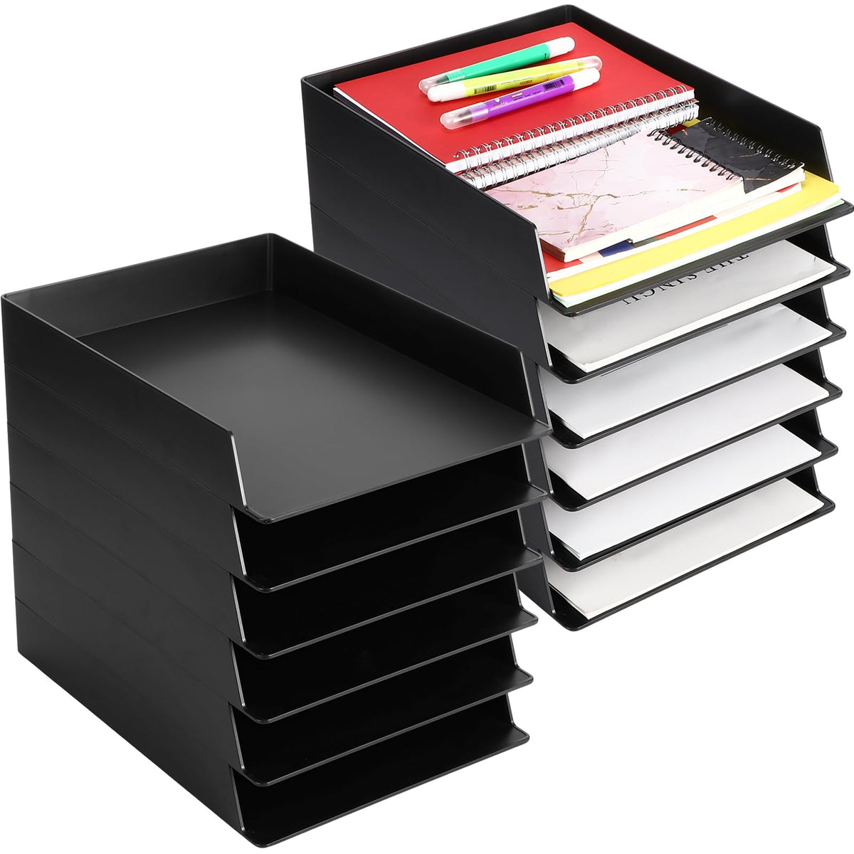 Wenqik 12 Pcs Stackable Paper Trays Rectangular Plastic Desk Holder Desktop Document File Organizer Storage Letter for Office Classroom (Black)