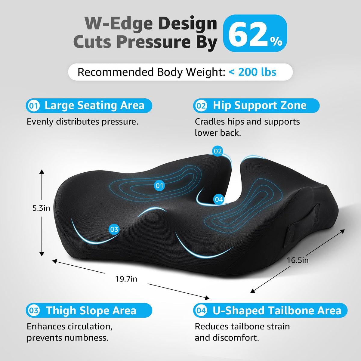 BRO Extra Large Office Chair Cushion for Sciatica Pain Relief: Memory Foam Seat Cushion for Tailbone Pain Relief Support for Long Sitting - 2 × Removable Covers with Handle - Car/Office/Home Use