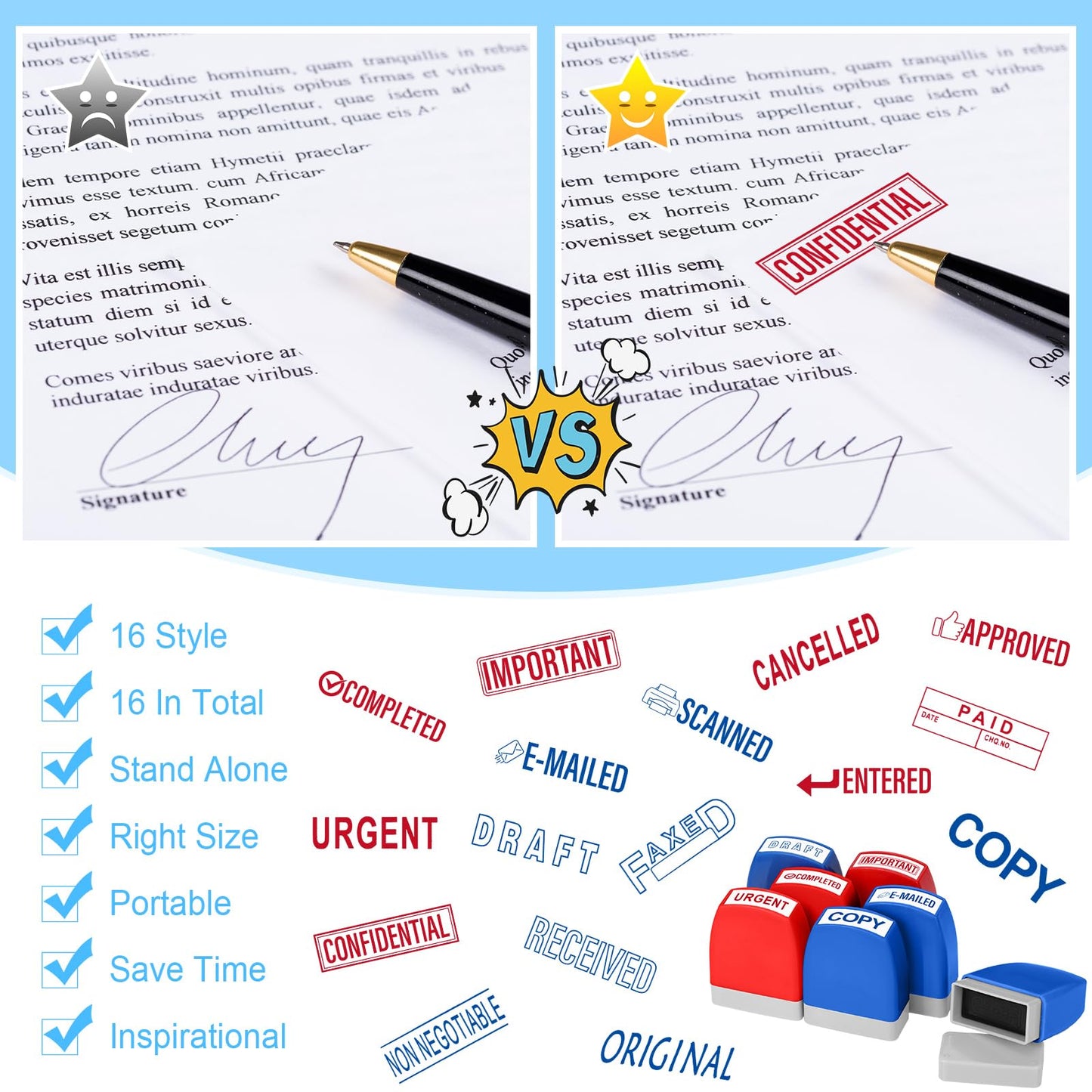 Crtiin 16 Pcs Office Stamp Set Message Self Inking Rubber Stamp Set for Office Stamps Completed Faxed Scanned Stamps for Message Supplies(Red, Blue)