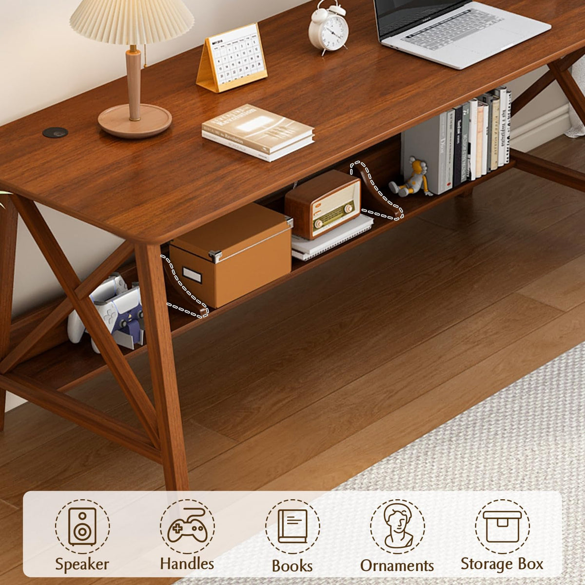 NELYE Extra Long Desk with Bookshelf - Wooden Home Office Work Study Table, Writing Computer Workstation with Storage Shelf in Wanut, 47" Wx16 Dx30 H