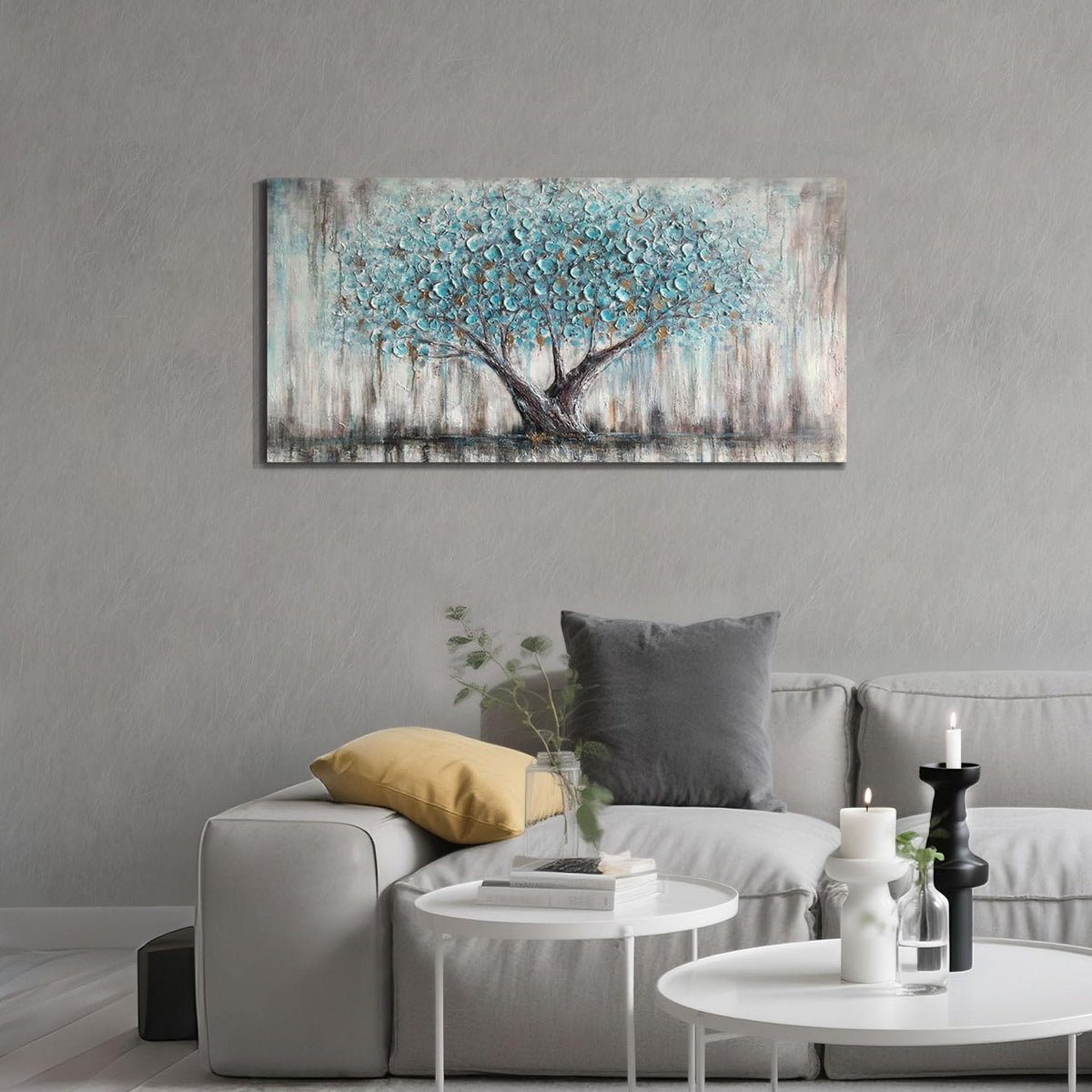 Arjun Tree of Life Wall Art Canvas for Living Room Blue Tree Nature Teal Painting, 50% Hand Painted Textured Picture Bedroom Panoramic Landscape Artwork Framed Home Office Decor 40"x20"