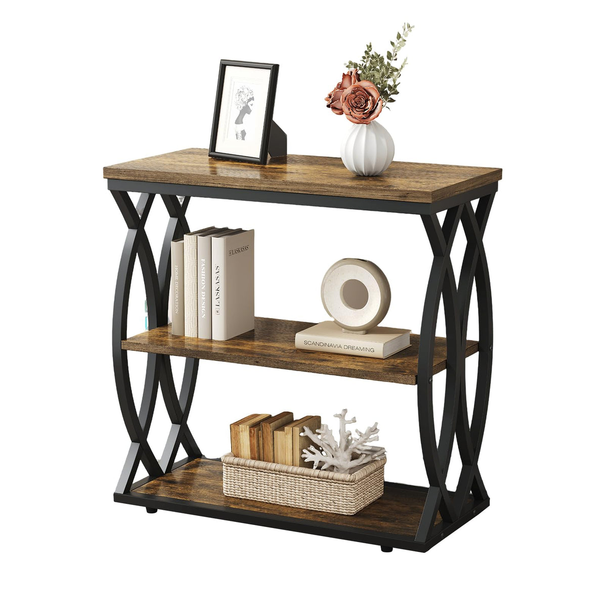 FJLHOHG End Table, Narrow Side Table, 3-Tier End Table with Metal Frame, Living Room Side Table with Storage for Couch, Sofa, Bedroom, Small Spaces, Easy Assembly, 23.6"D*11.8"W*23.6"H, Rustic Brown
