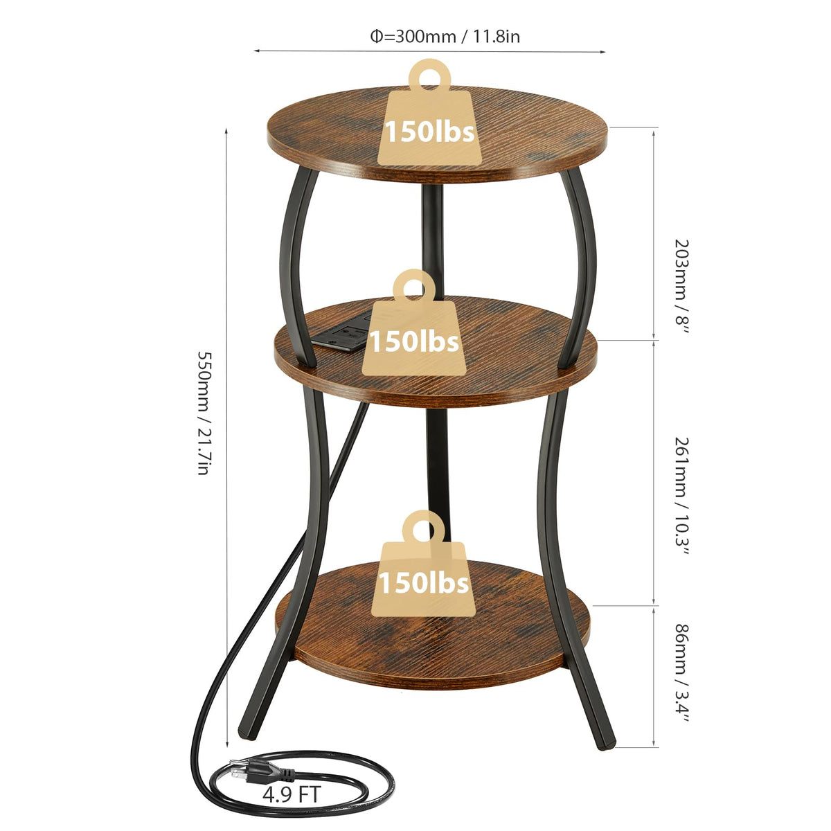 Small Round Side Table with Charging Station, 3-Tier Waist Circular End Table with Storage Shelf, Compact Tea Sofa Side Table Small Spaces, Round Corner Coffee Table for Living Room Bedroon,Brown