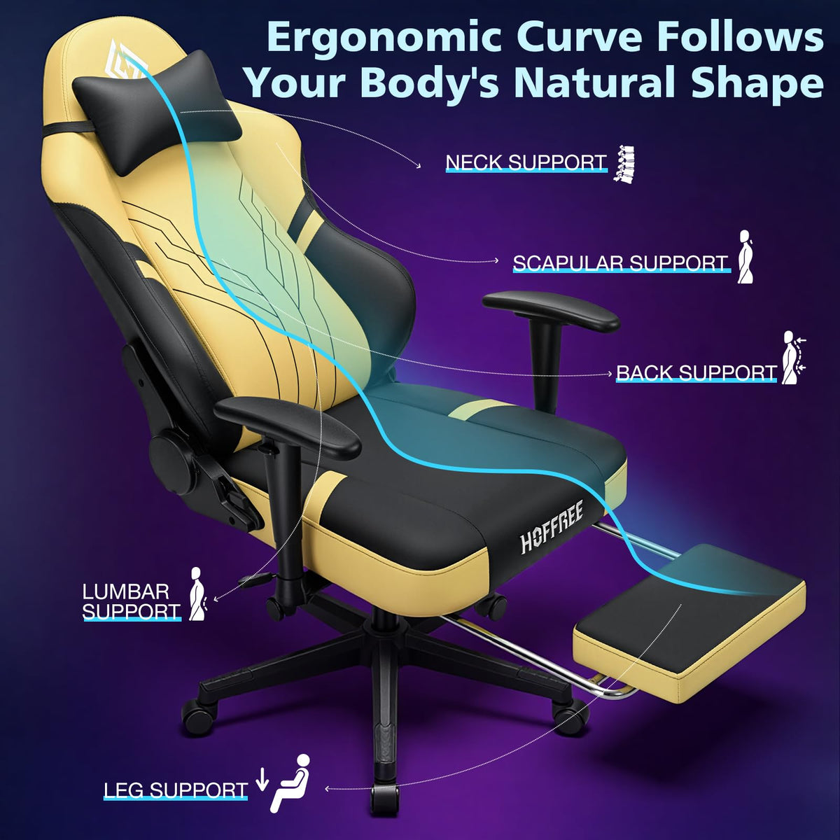 HOFFREE Gaming Chair with Footrest 160° Reclining Computer Chair with 15° Rocking Function Ergonomic Game Chairs for Adults 400lbs Home Office Compueter Desk Chair with 2D Armrests Yellow and Black