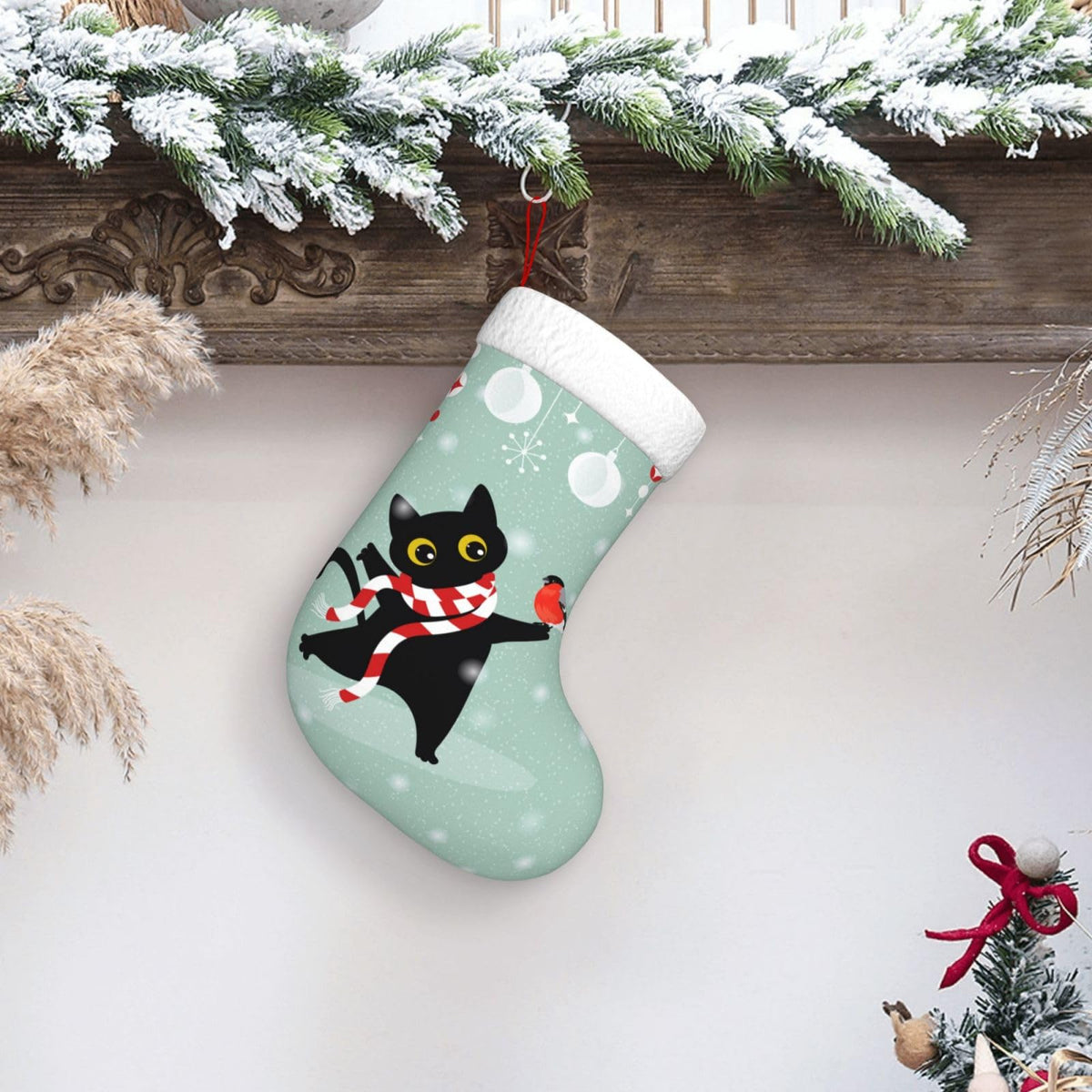 Cute Cat Christmas Stockings Hanging Decoration Stockings 17.7 Inch Xmas Stockings for Fireplace Family Party Holiday Decor 1PCS