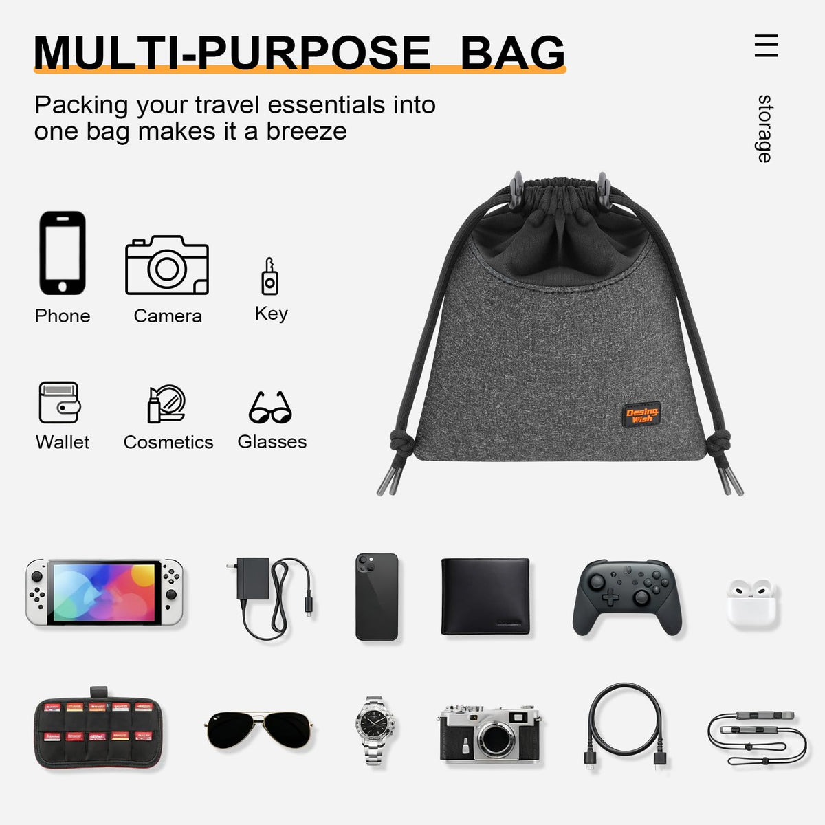 Desing Wish Lightweight Headphone Storage Bag, Portable Headset Carrying Pouch Headphone Case Bag Soft Travel Pouch for Over-Ear Headphones/Gaming Headsets/Neckband Earbuds (Small Grey)
