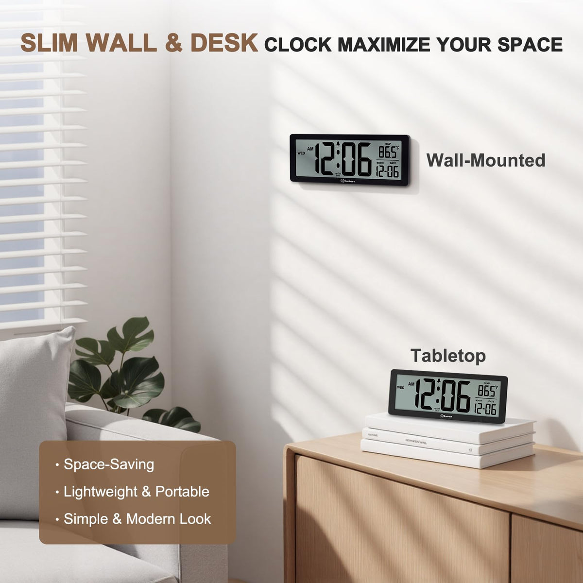 Soobest 8.5 Inch Digital Wall Clock Battery Operated with Backlight, Temperature, Date, Day & Auto DST, Black Slim Design for Elderly, Bedroom, Living Room, Office