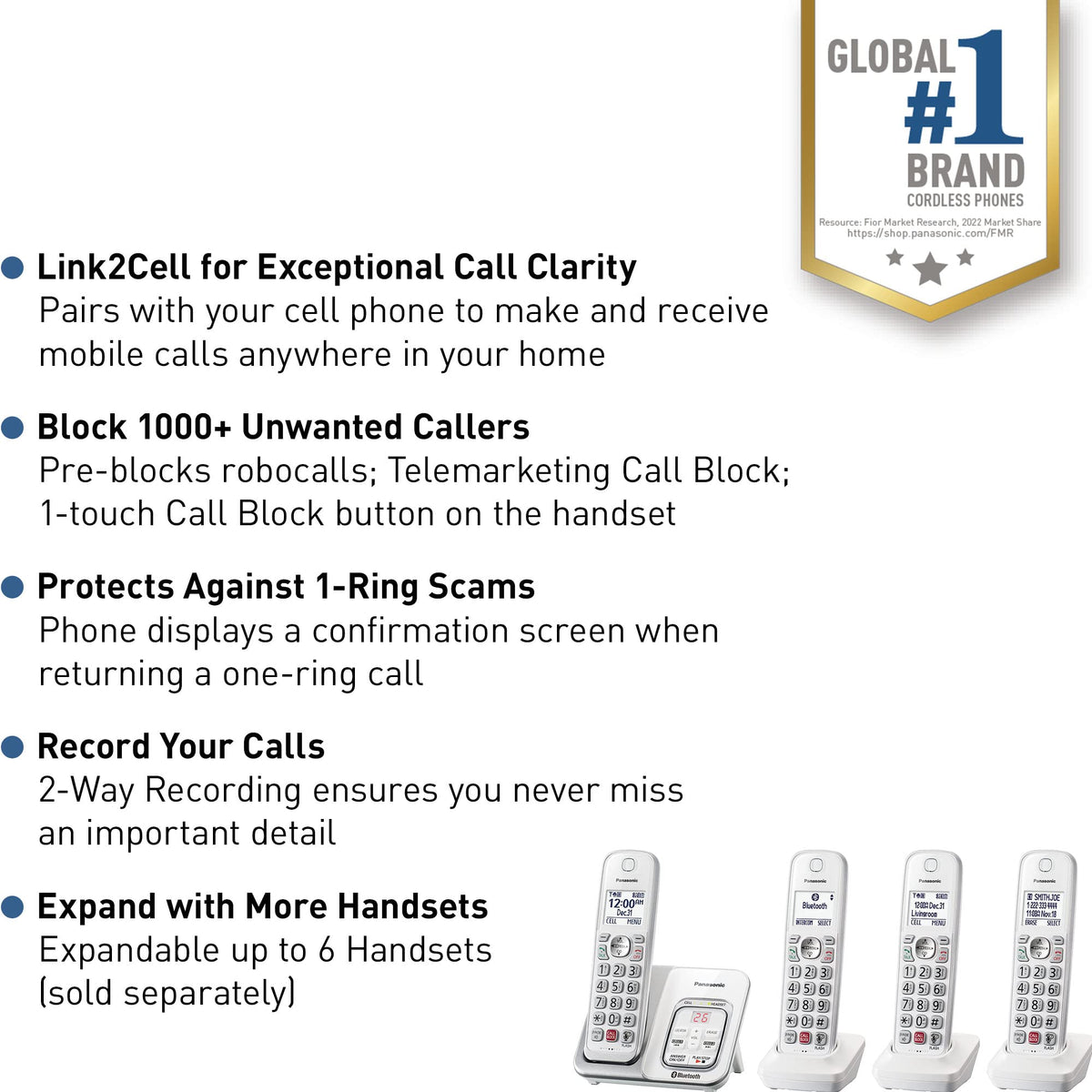 Panasonic Cordless Phone with Answering Machine, Link2Cell Bluetooth Home Phones, Voice Assistant and Advanced Call Blocking, Expandable System with 4 Handsets - KX-TGD864W (White)