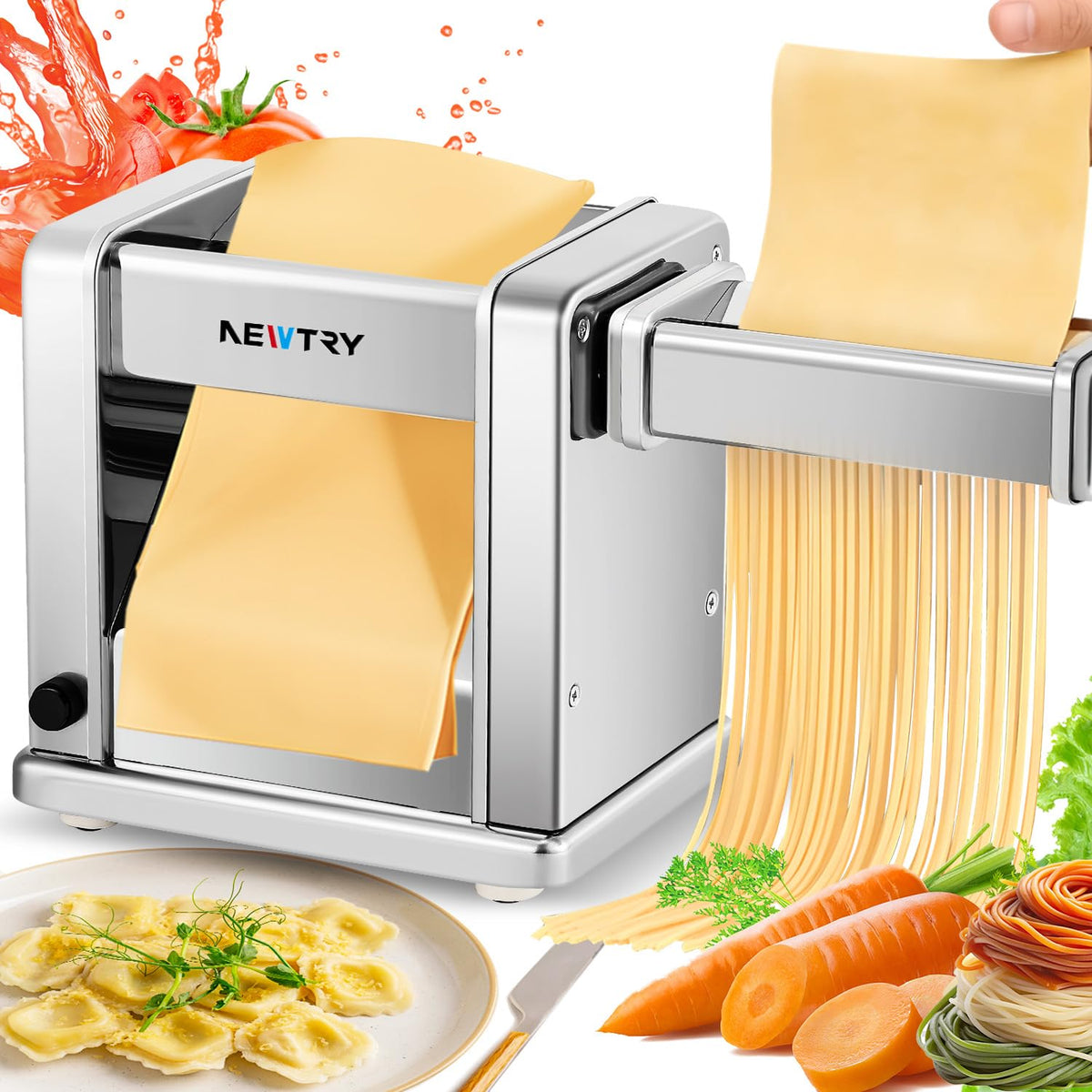 NEWTRY Electric Pasta Maker Family Noodle Making Machine Dough Roller Press Cutter with 3 Blade Attachments 2mm/4mm/6.5mm Pasta for Home Use US 110V