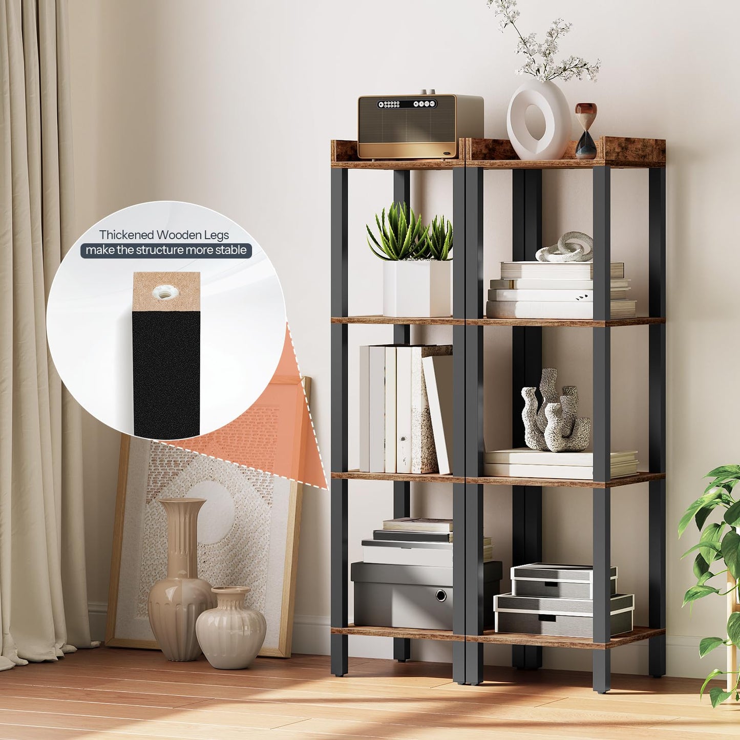 HOOBRO Small Bookcase, Industrial Style Bookshelf for Narrow Spaces, 4-Tier Square Book Shelf Stand, Wooden Storage Rack Display Shelf, Corner Shelf for Living Room, Rustic Brown and Black BF08CJ01