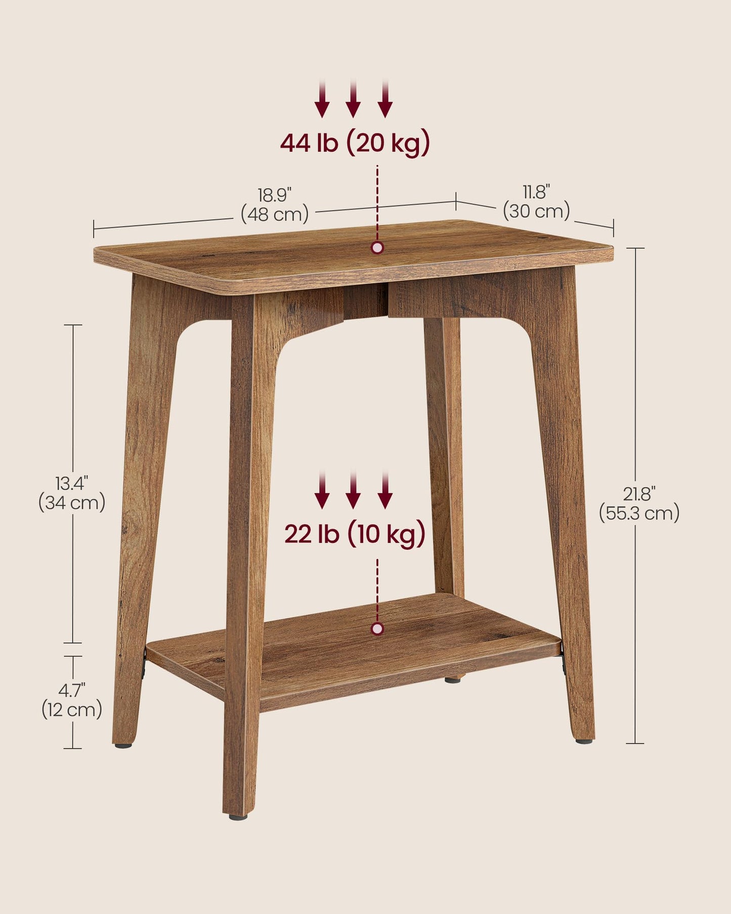 VASAGLE MAEZO Collection - Side Table, 2-Tier Small Rectangular End Table, 11.8 x 18.9 x 21.8 Inches, Nightstand with Tapered Legs, Curved Transitions, for Small Spaces, Honey Brown ULET332K01