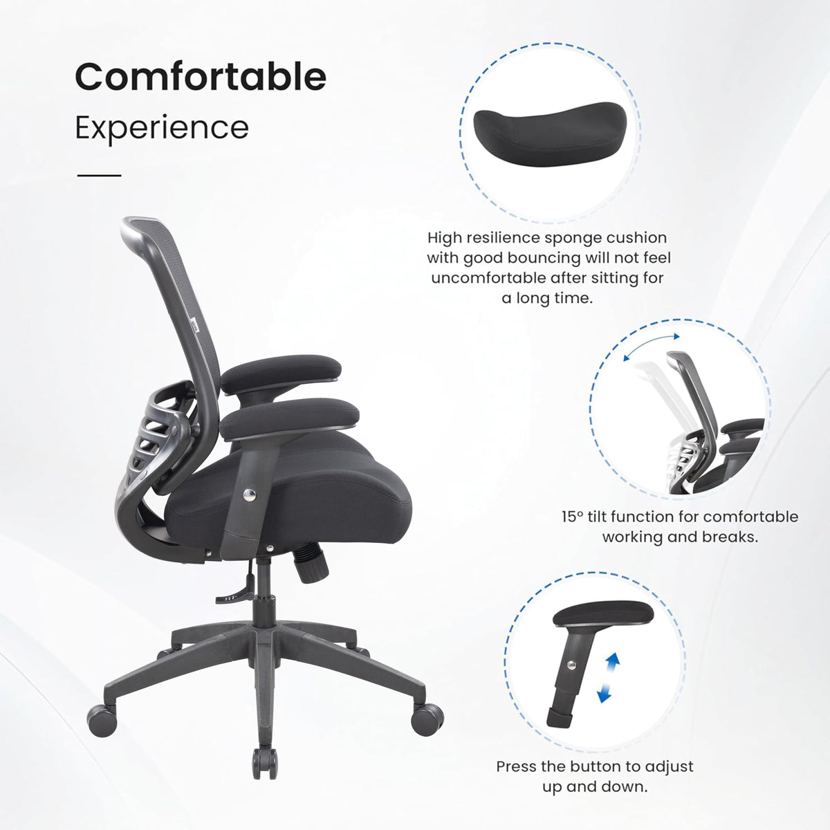 BOLISS Office Chair Mesh Ergonomic Super Soft Thick and Wide Cushion Computer Desk Chair Height Adjustable Arms and Lumbar Support Reduce Back Pain (Black)