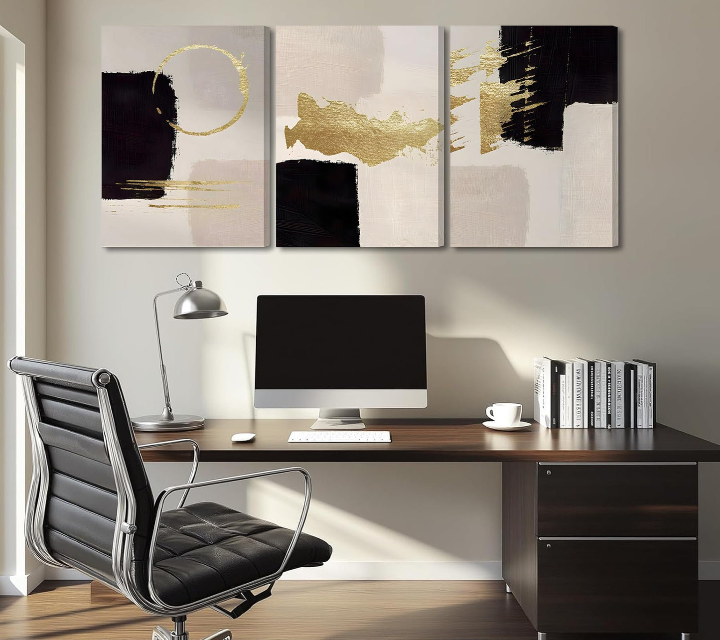 3Pcs Black and White Abstract Canvas Wall Art, Minimalist Black Beige Gold Painting Pictures Wall Decor, Modern Posters Print Artwork, for Living Room Bedroom Office Decoration, 16x24in Framed