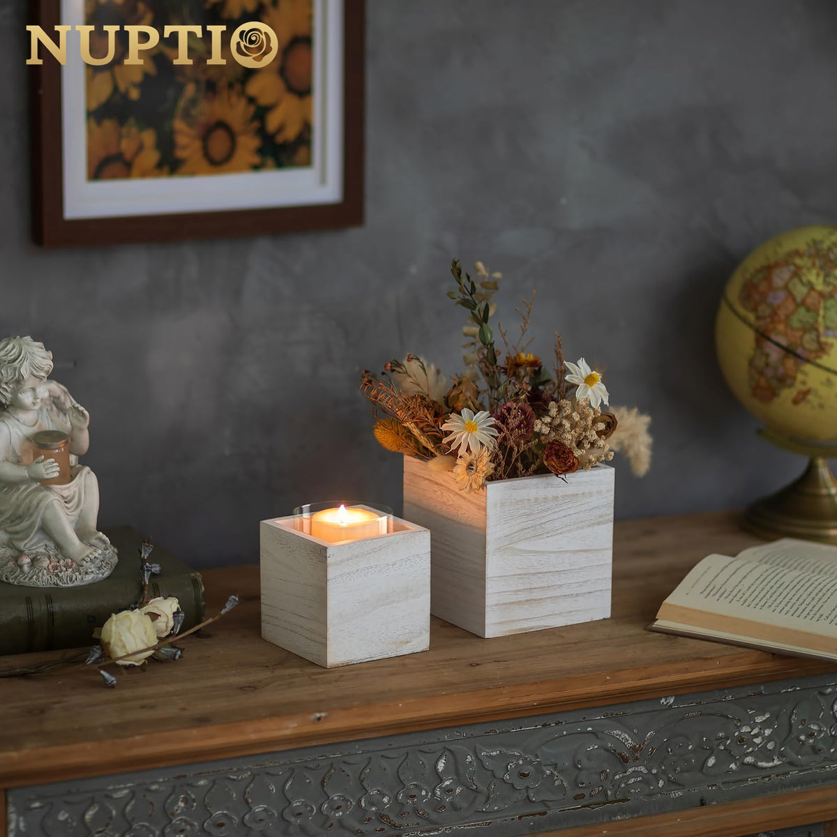 NUPTIO Wooden Box for Centerpiece Wedding: 12 Pcs Rustic Square Planter Box Farmhouse Table Fall Decor - 4×4" & 5×5" Whitewashed Small Wood Vases Flower Pots for Windowsill Home Garden