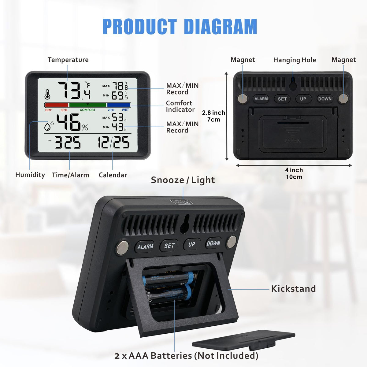 Digital Thermometer Hygrometer, Plumeet Indoor Wall Thermometer with Backlight, Digital Alarm Clock, Date, Air Comfort Indicator, Max Min Record, Desktop Thermometer for Home, Black