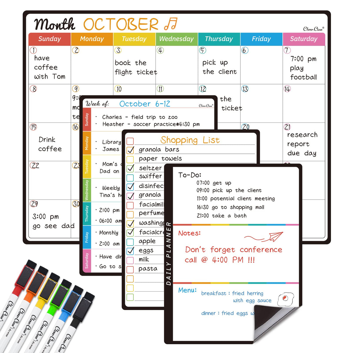 Magnetic Dry Erase Monthly Calendar Set - 14.5"x11" Monthly Calendar, 6.5"x8.5" Weekly, Daily, List Boards for Fridge - 6 Extra Fine Point Markers Included - Shipped Flat