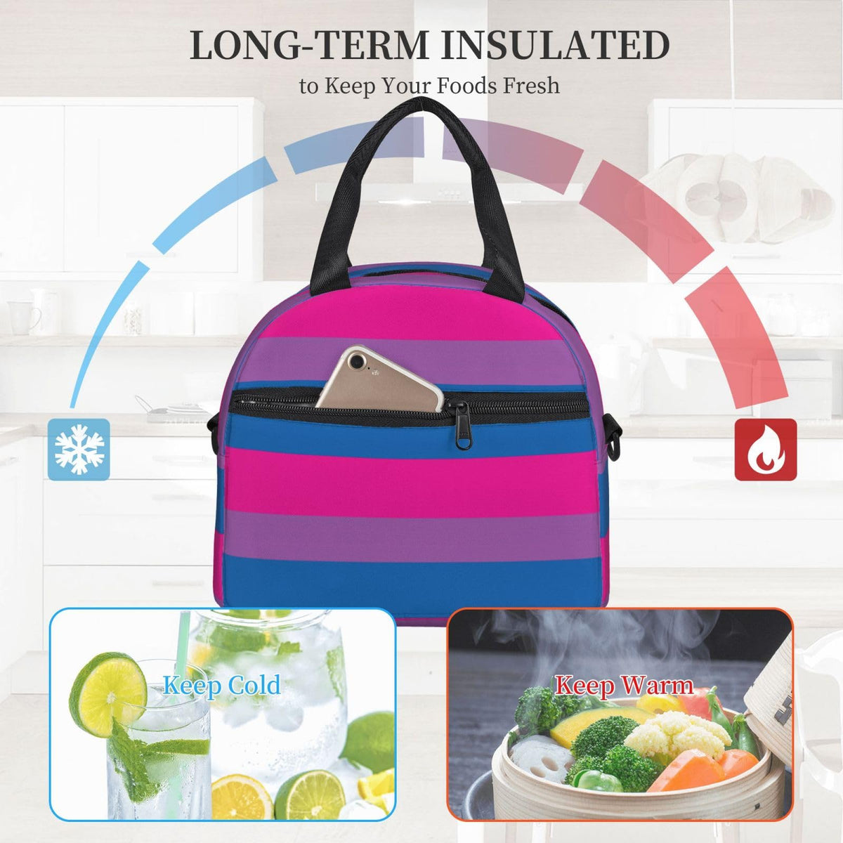 RISOIU Bisexual Pride Flag Lunch Box Insulated Lunch Bag Portable Zipper Cooler Tote Bag Adult Bento Box for Women Men Reusable Meal Organizer with Adjustable Strap for Work Office Picnic Travel