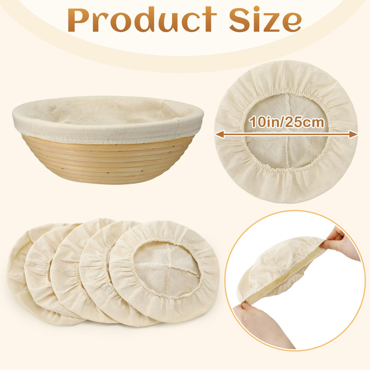Boao 6 Pieces Bread Banneton Proofing Basket Liner Cloth Cover Natural Rattan Baking Dough Banneton Proofing Sourdough Basket Cloth Liner Bread Baking Supplies (Round,10 Inch)