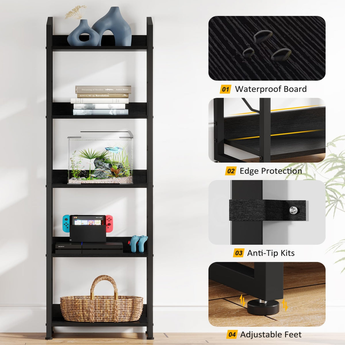 Hosfais 5 Tier Tall Bookshelf: Industrial Wood Book Shelf with Edge Protection Metal Narrow Bookshelf Bookcase Storage Organizer Display Rack for Living Room Home Office (Black)