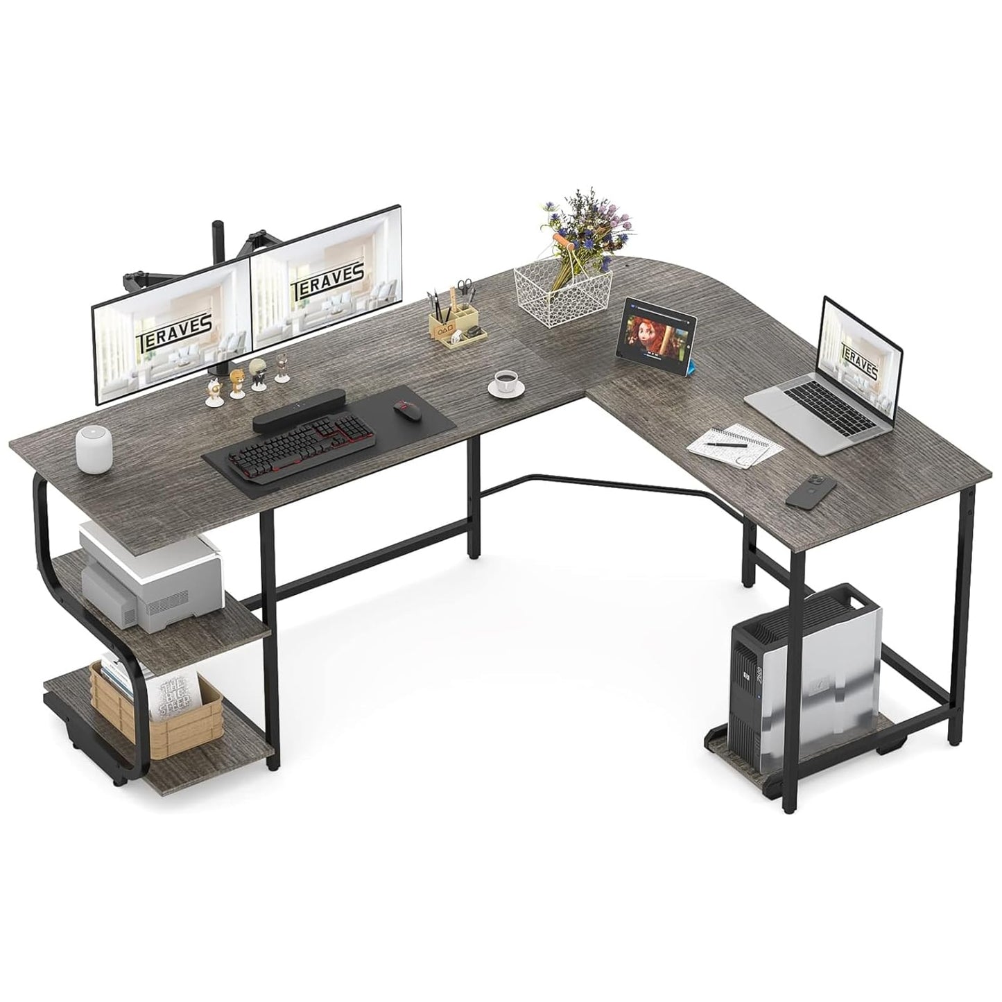 Teraves Reversible L Shaped Desk with Large Surface, 69 Inch Sturdy Corner Desk with Storage Shelves, Premium Office Computer Desk Workstation for Home Office Gaming