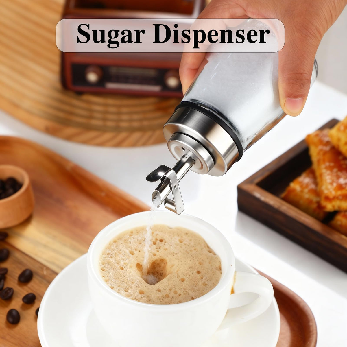 TIWPAJS 2-Pack Glass Sugar Dispenser with Stainless Steel Lid, Automatic Pour Spout, Sugar Container for Coffee Bar, Sugar Jar, Sugar Bowl, Salt Shaker, 6OZ