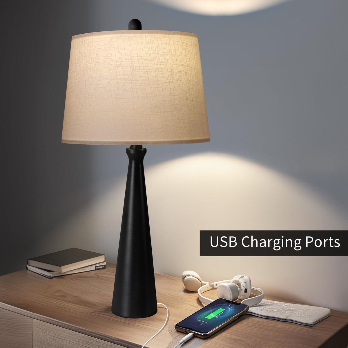 Oneach 25.75" Modern Table Lamp Set of 2, Bedside Lamps with USB Ports, Black Nightstand Lamps Set for Living Room Bedroom House Bedside Home Office Family