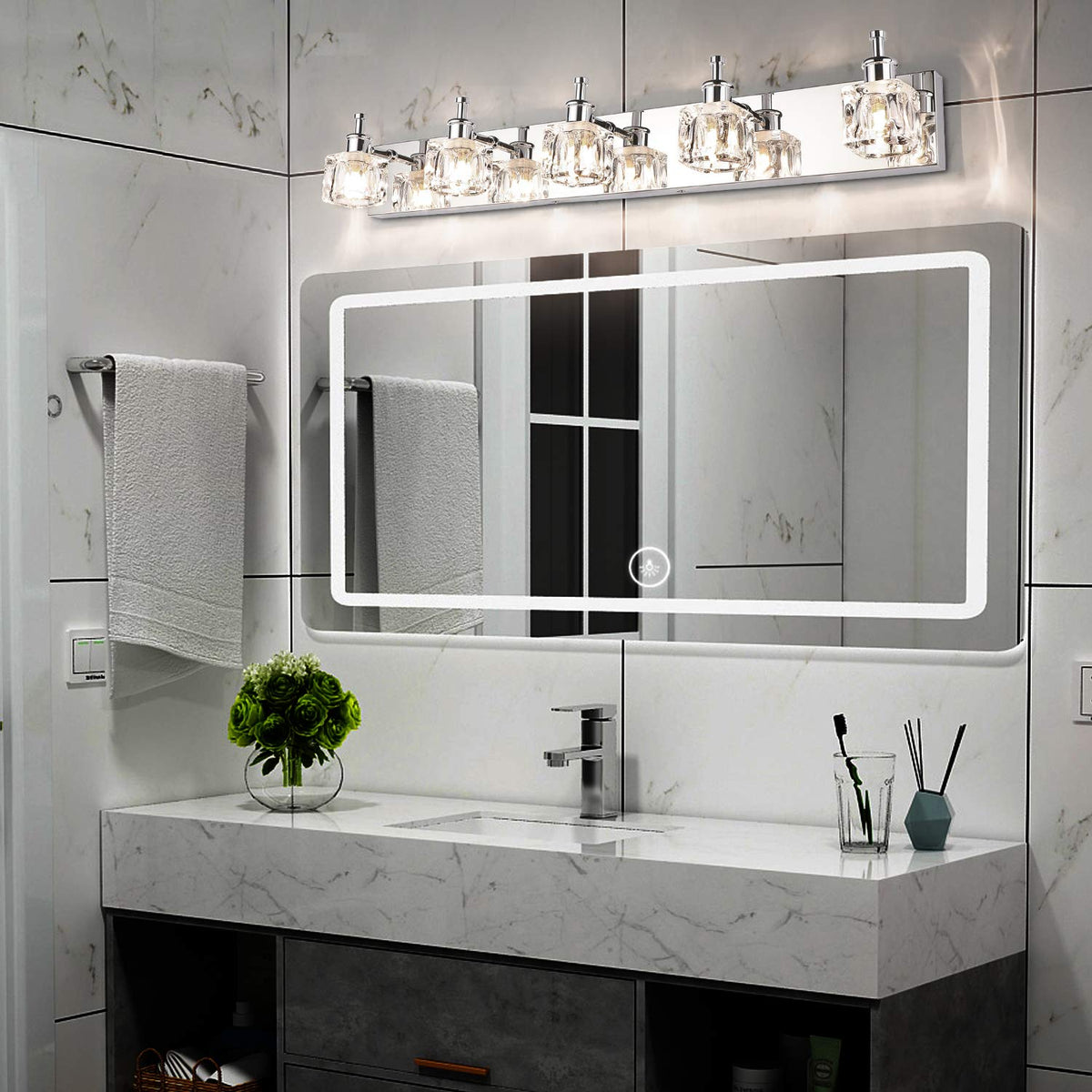 PRESDE Crystal Bathroom Vanity Light Fixtures 5 Light Bathroom Light Fixtures Over Mirror Modern LED Chrome Bath Lighting