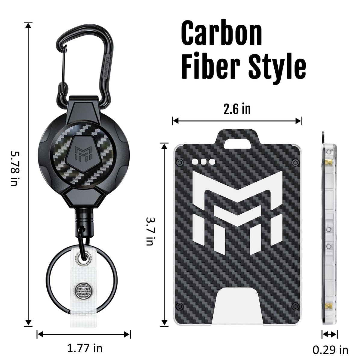 MNGARISTA Retractable Badge Holder, Heavy Duty Carbon Fiber 32.28" Retractable Badge Reel with Carabiner Clip, 4-Locking Point ID Card Holder for Work, Office, Nurse, Teacher, 1 Pack Black