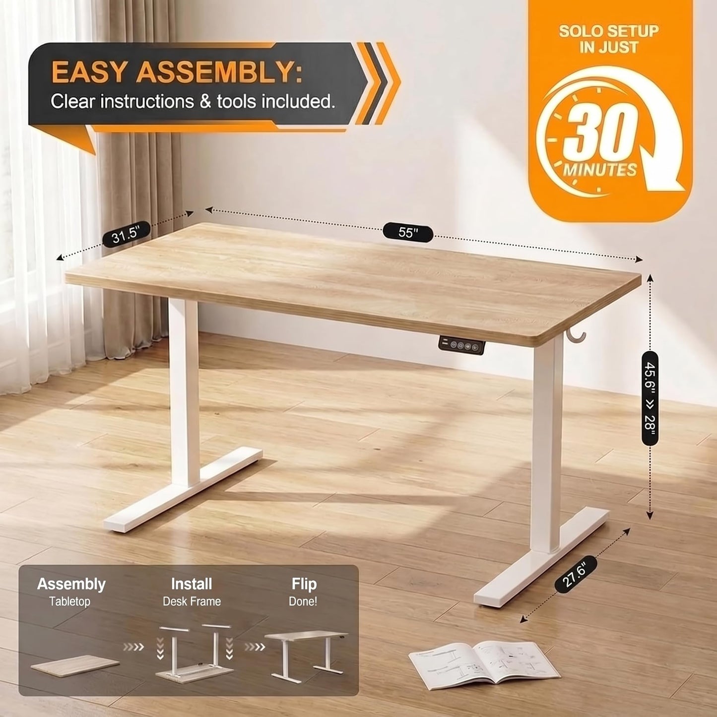 Grandder 55x32 Large Electric Standing Desk, Height Adjustable Computer Desk with 2 Memory Presets, 31.5" Deep Desktop Sit Stand Desk Home Office Desk Workstation Table with Hooks, Oak