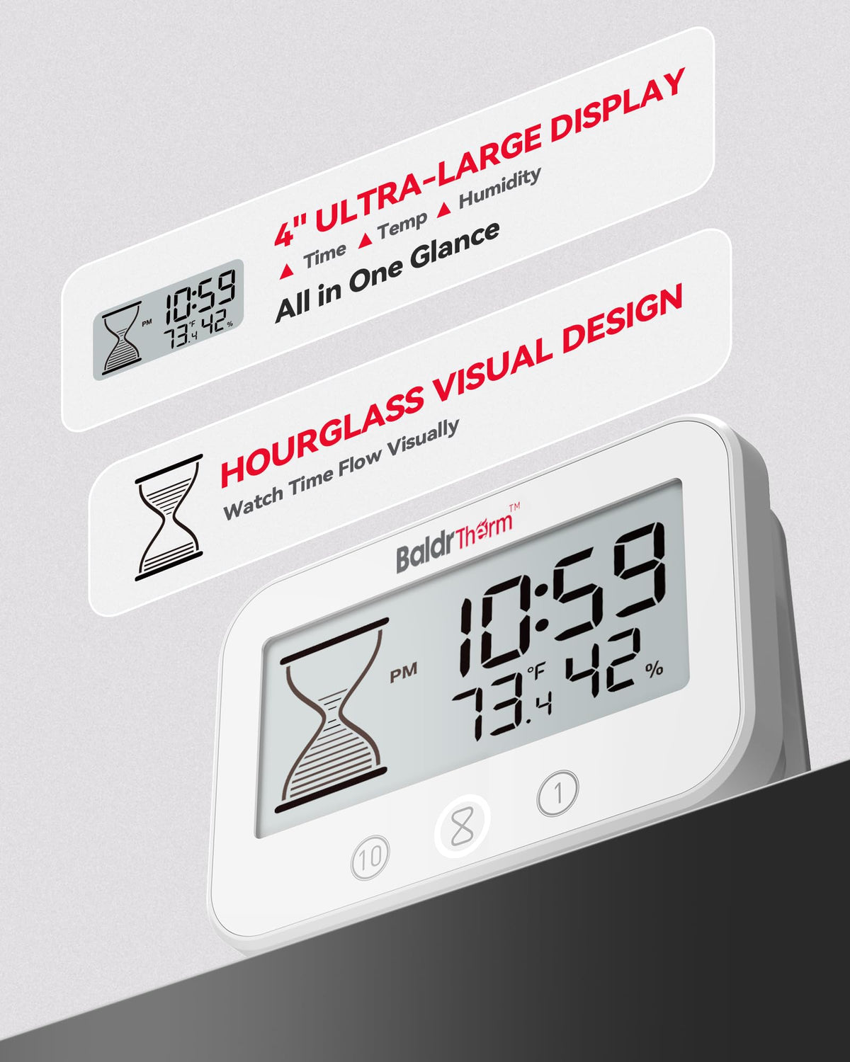 Baldrtherm Digital Timer, Works as a Countdown Timer, Real-time Clock, Hygrometer Thermometer. IP67 Waterproof Safe for Kitchen Bathroom Use. (White)