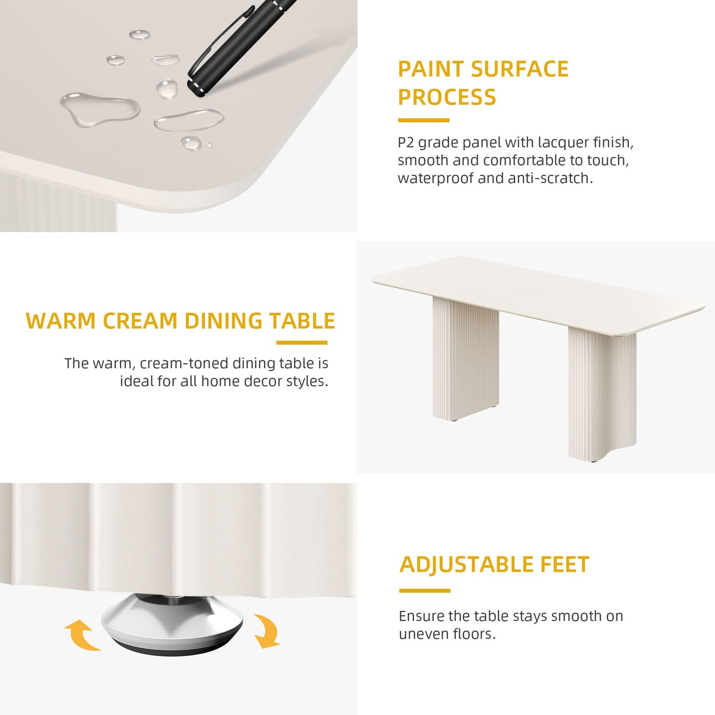 DWVO 70.8 Inch Dining Table for 6-8 People Modern Rectangular Kitchen Table Large Cream White Dinner Table with Solid Wave Curved Legs for Dining Room Kitchen Home Office Apartment, White