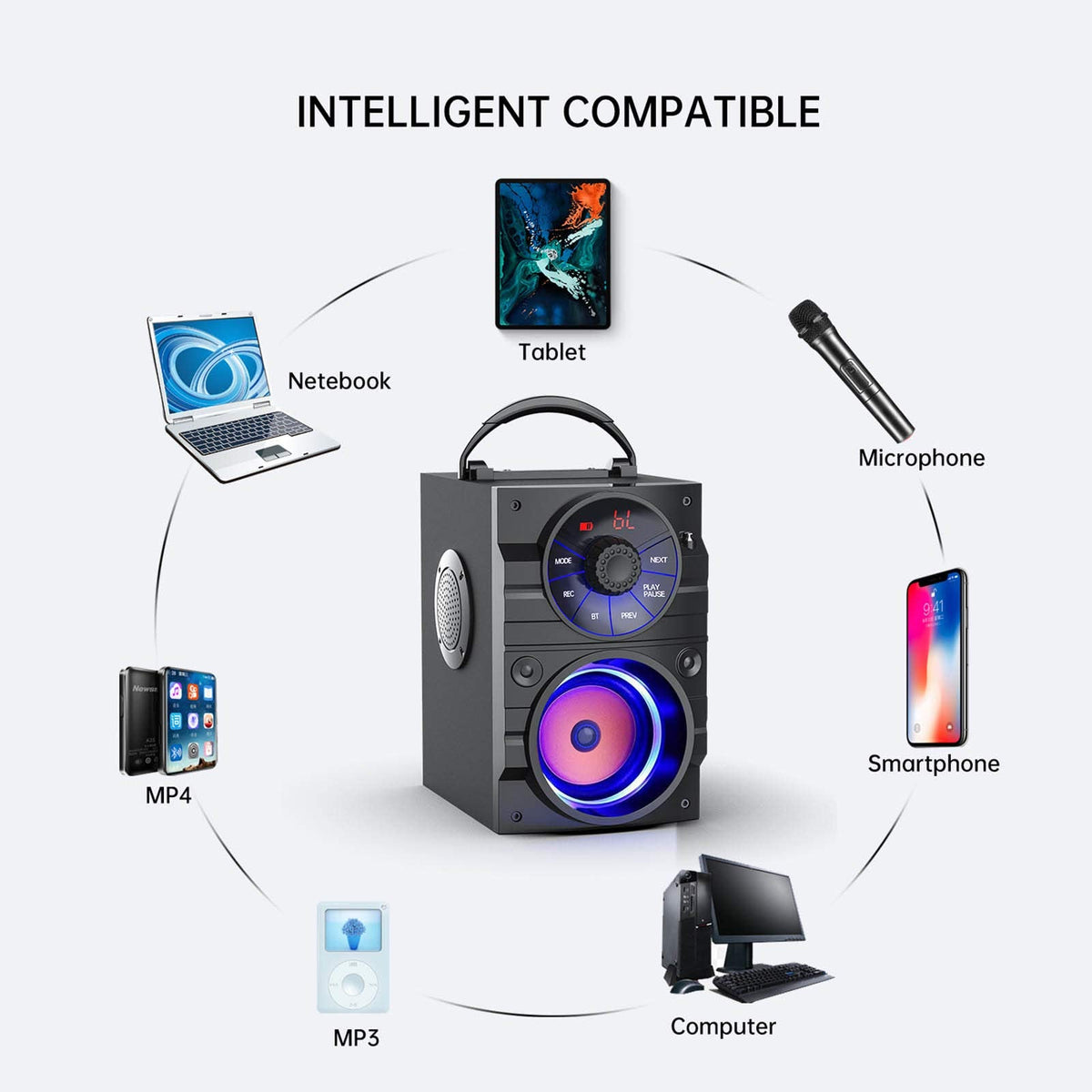 Aesackir Portable Big Bluetooth Speakers with Light, Wireless with Subwoofer, FM Radio, LED Lights, EQ, Booming Bass, Bluetooth 4.2 Stereo Loud Outdoor/Indoor Retro, for Home, Camping, Travel, Black