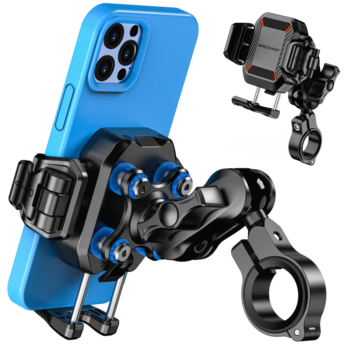 BRCOVAN Anti-Theft Motorcycle Phone Mount with Vibration Dampener, [1s Lock] [Camera Friendly] Handlebar Cellphone Holder for Bike Bicycle Scooter ATV, Adjustable Size Fit 5.4-7.2" Smartphone